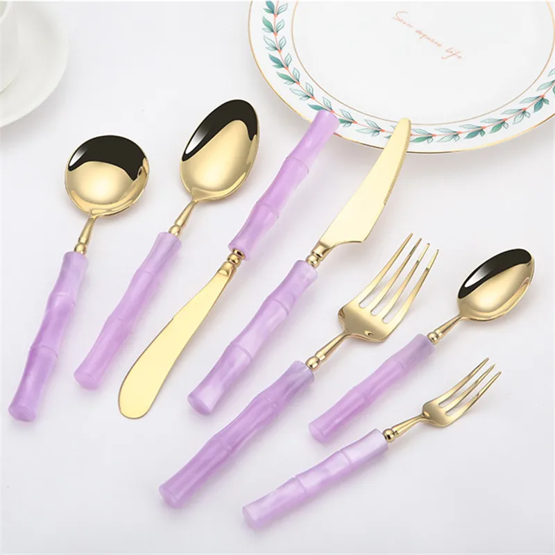 Set Peralatan Makan Baja Tahan Karat Ungu Emas Peralatan Makan Cantik Akrilik Sendok Hadiah Liburan Mewah Garpu Pisau Aksesori Dapur
