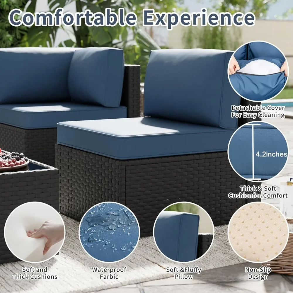 

5pcs Patio Outdoor Furniture Sets Conversation Set,Low Back All-Weather Rattan Sectional Sofa with Tea Table&Washable