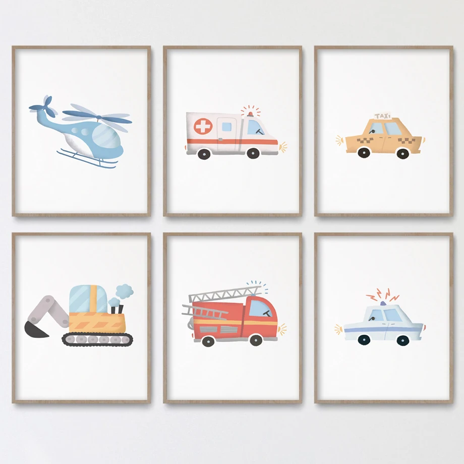 Cartoon Transportation Poster Helicopter excavator Taxi Nursery Wall Art Print Canvas Painting Pictures Baby Kids Room Decor