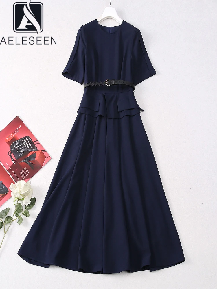 

AELESEEN Office Ladies Long Dress For Women Summer Solid Design Fashion Patchwork Ruffles Belt Navy Blue Short Sleeve Elegant