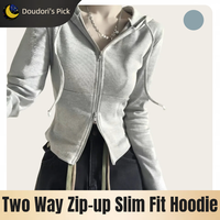 Spring and Autumn Women's Gray Slim-Fitting Thin Top with Two-Way Zipper Hoodie
