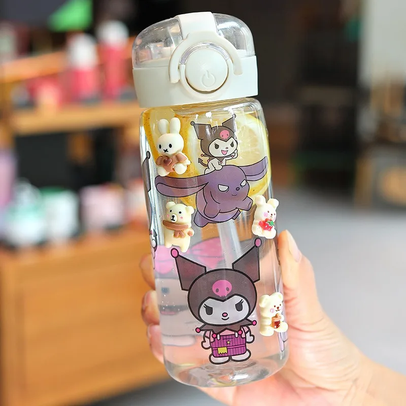 Santio Hello Kitty 400มล. กระบอกน้ำหลอดโปร่งใสกระบอกน้ำอะนิเมะแบบทำมือของขวัญจากแก้วพลาสติกทำด้วยตัวเอง