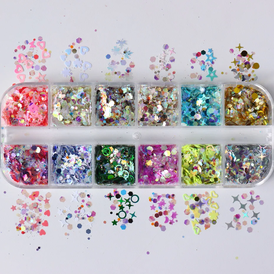 12 Grids Nail Art Glitter Sequins Mixed hexagon Heart Star Reflective Colorful Holographic Flakes Shiny Manicure Accessories