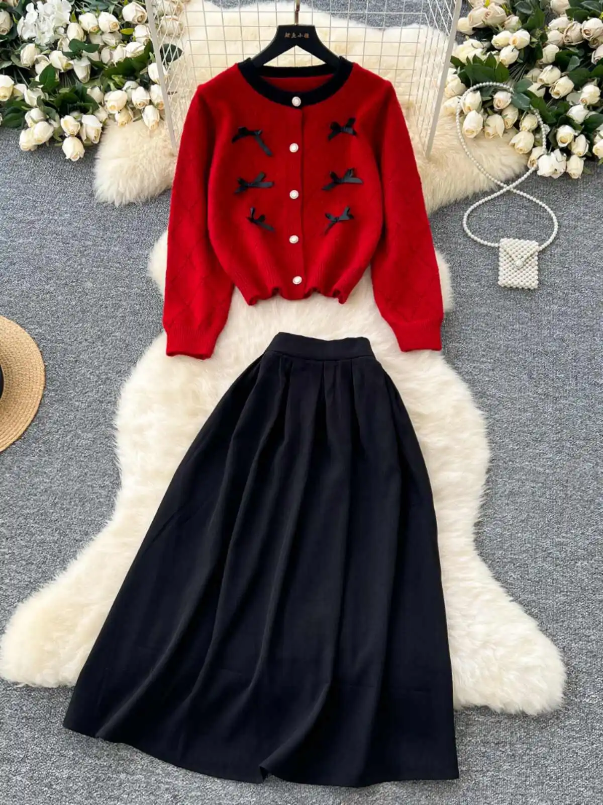 

Elegant Women Knitted Two-piece Sets Autumn O-Neck Single Breasted Sweater Coat+High Waist A-Line Big Swing Skirt Suit