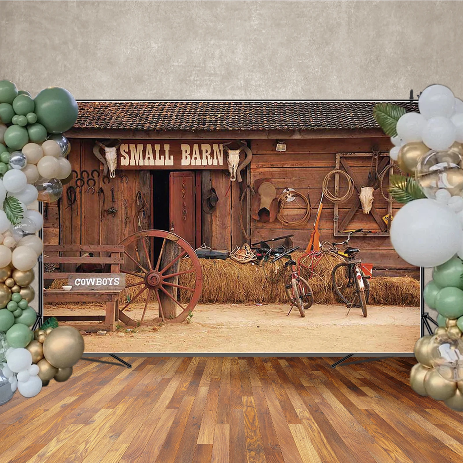 MOON.QG 秋の装飾 素朴なカウボーイの背景 乾草の山 丸太小屋 納屋 写真背景 子供の誕生日 壁 フォトブース パーティー