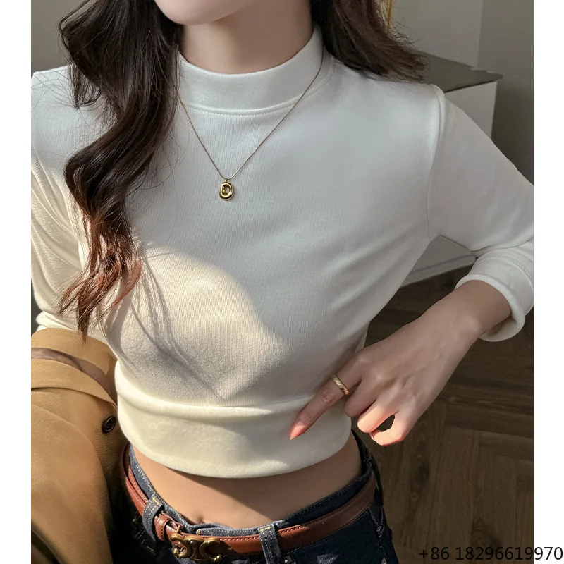 Modal Fleece-lined Extra-thick Thermal Solid Minimalist Bottoming Shirt Autumn Winter; Womens Figure-flattering High-end