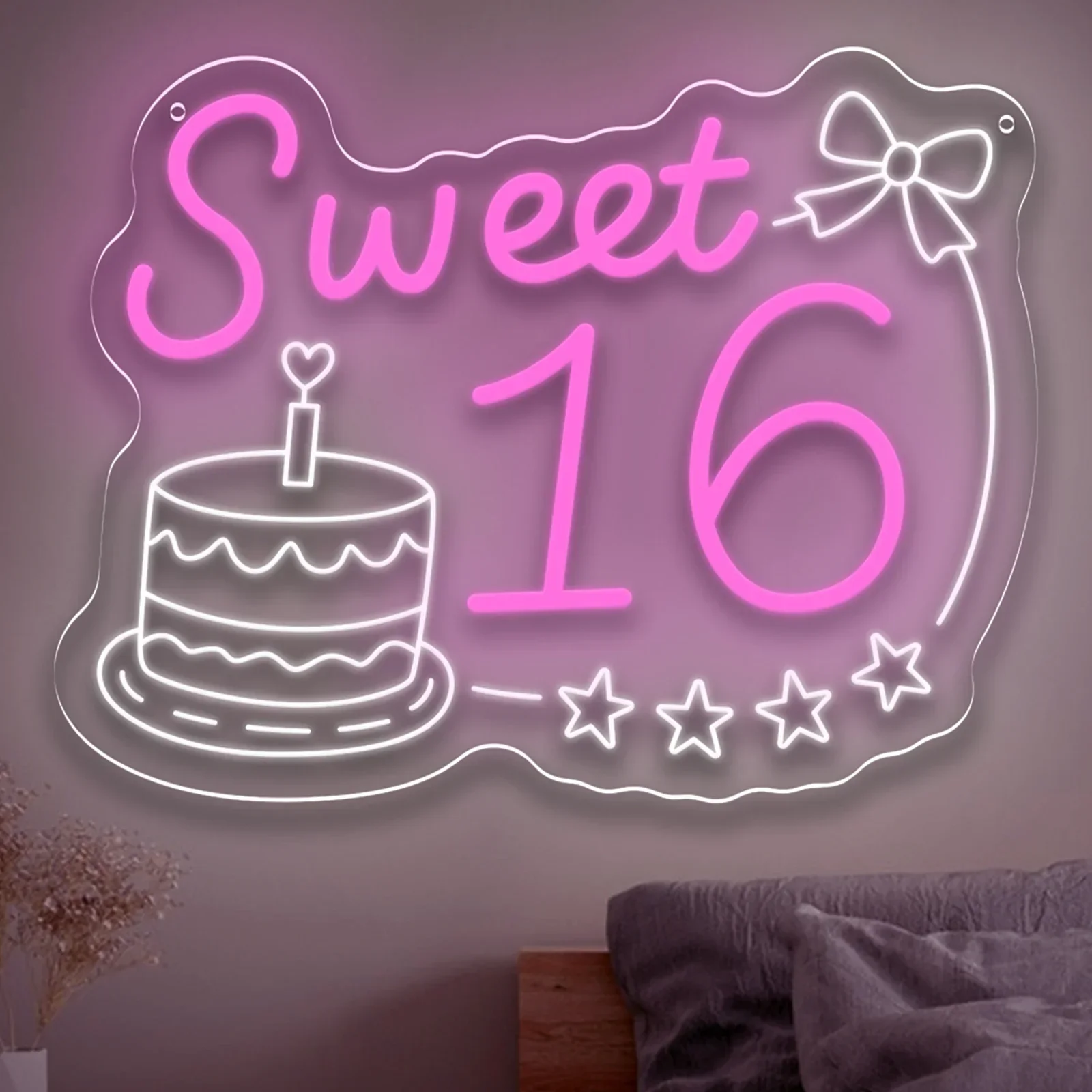 LED ضوء النيون تسجيل الحلو 16 كعكة عيد ميلاد النيون تسجيل جدار ديكور للفتيات غرفة نوم Kawaii نادي الحفلات هدية للمراهقين USB الطاقة #1