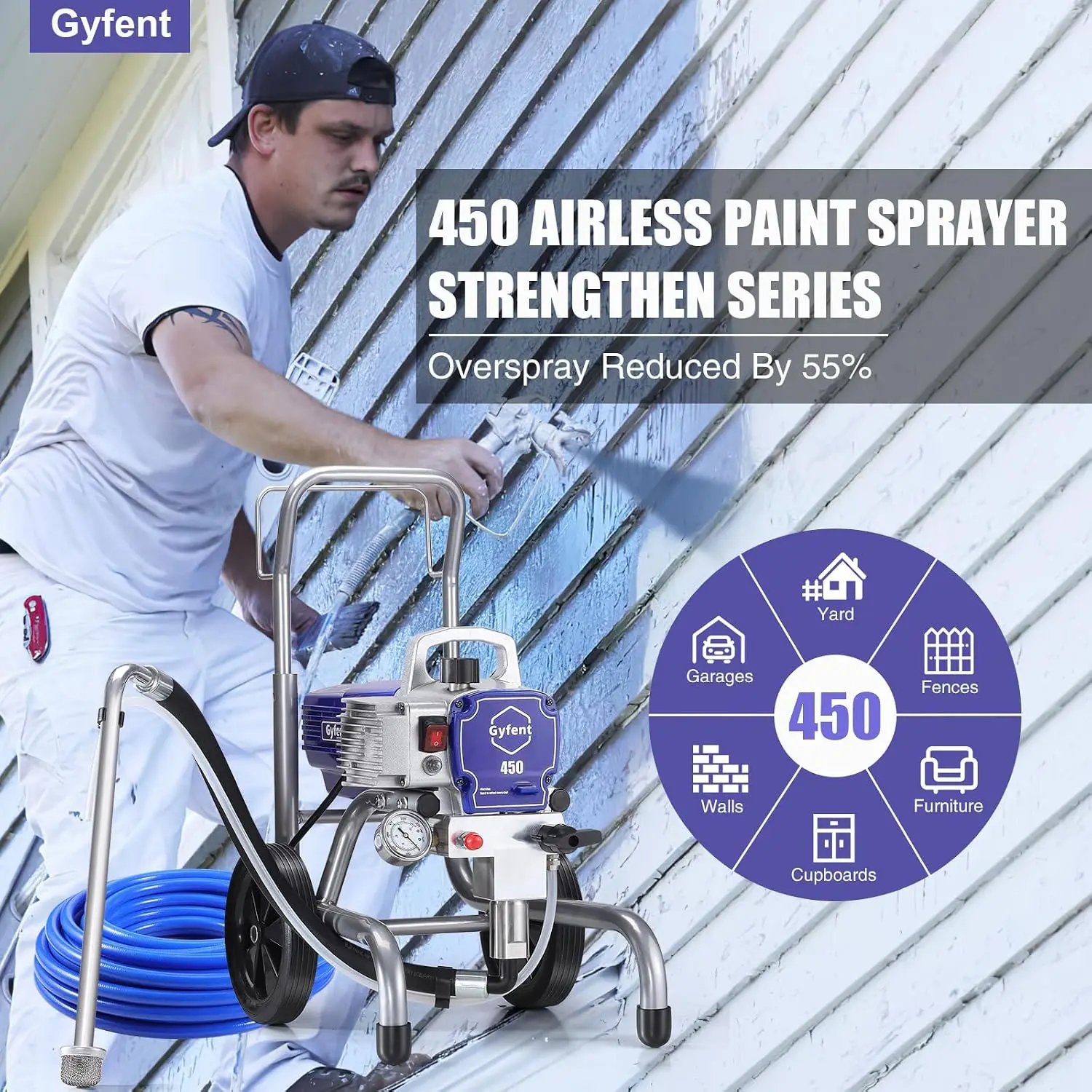 ^For 450 Airless Paint Sprayer, 3300 Psi, 0.47 Gpm, 900W | Adjustable Pressure, Up To 55% Less Overspray, For Interior And Exter