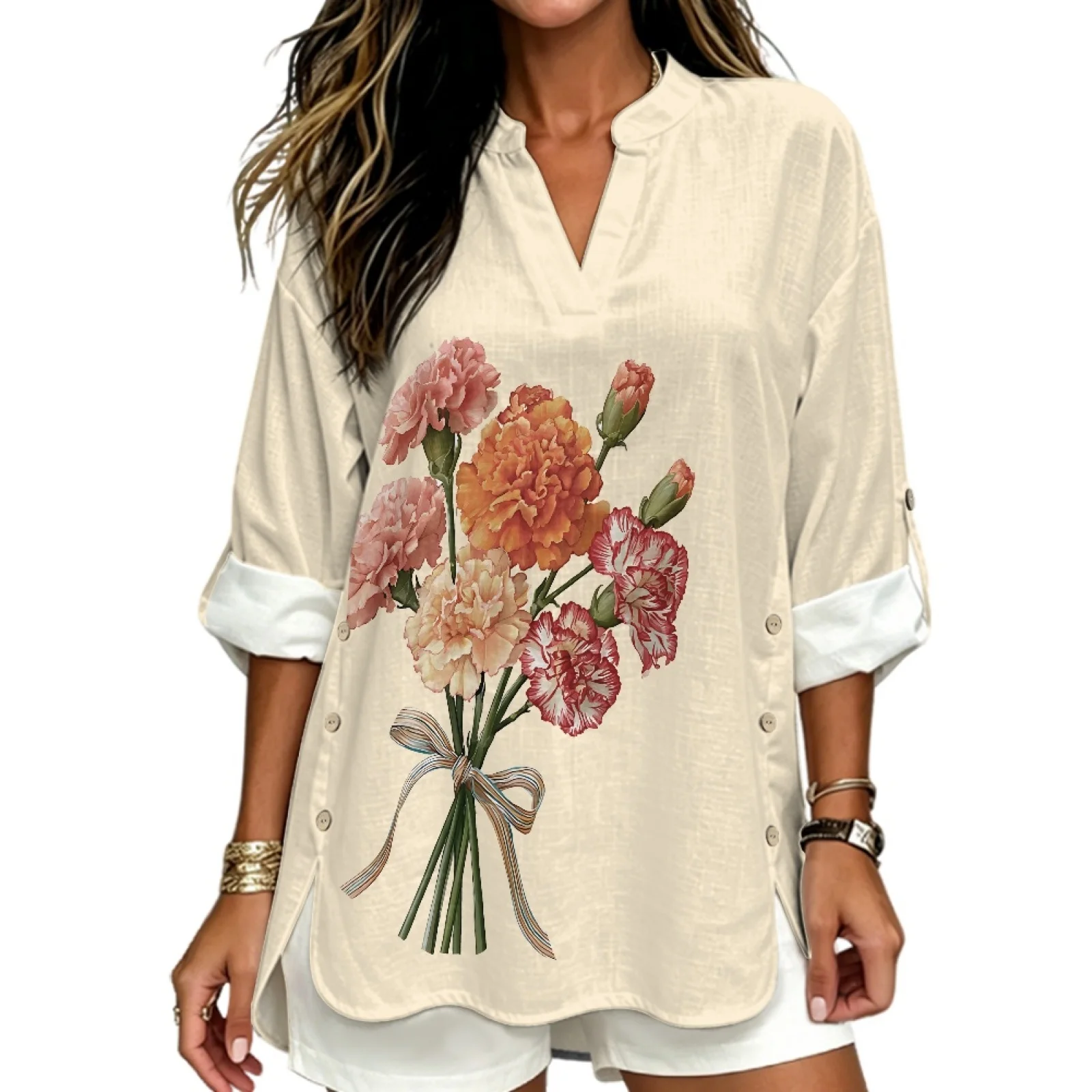 PENSTROLL Carnation Flower Blouses with Rolled Cuffed, Linen Like Long Sleeve Shirts Sizes S-5XL for Ladies, Beach Party