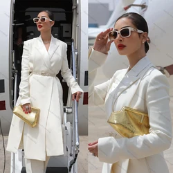 Designed Long Coat Women 2 Pieces Pants Jacket Simple Vintage Peaked Lapel Blazer Wide Leg Trousers Daily Casual Power Dresses
