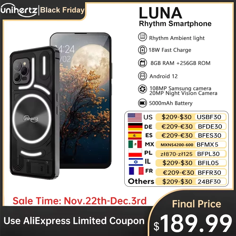 Unihertz Luna الهاتف الذكي إيقاع الضوء المحيط 8GB 256GB 108MP G99 الهاتف المحمول للرؤية الليلية الهواتف المحمولة