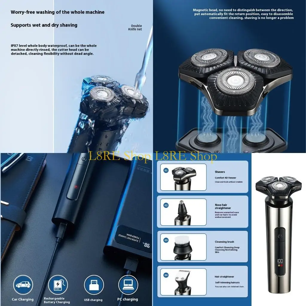 L8RE Multifuntional Small Electric Shaver with Three Head Designs IPX7 Rechargeable