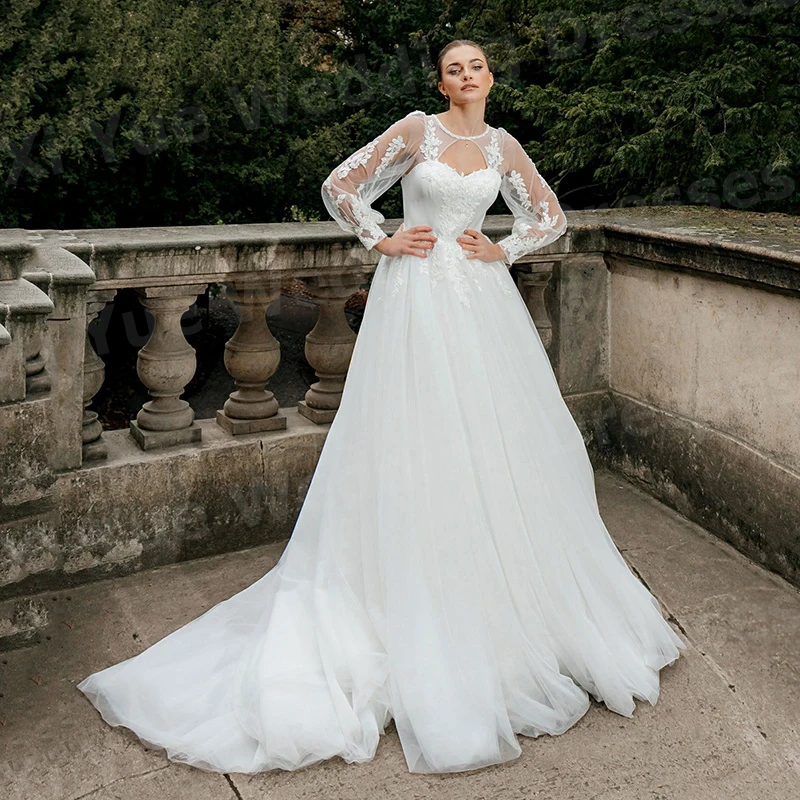 Graceful A Line Abiti da sposa da donna Manica lunga Abiti da sposa De Boda Abiti da sposa Abiti personalizzati con applicazioni in pizzo