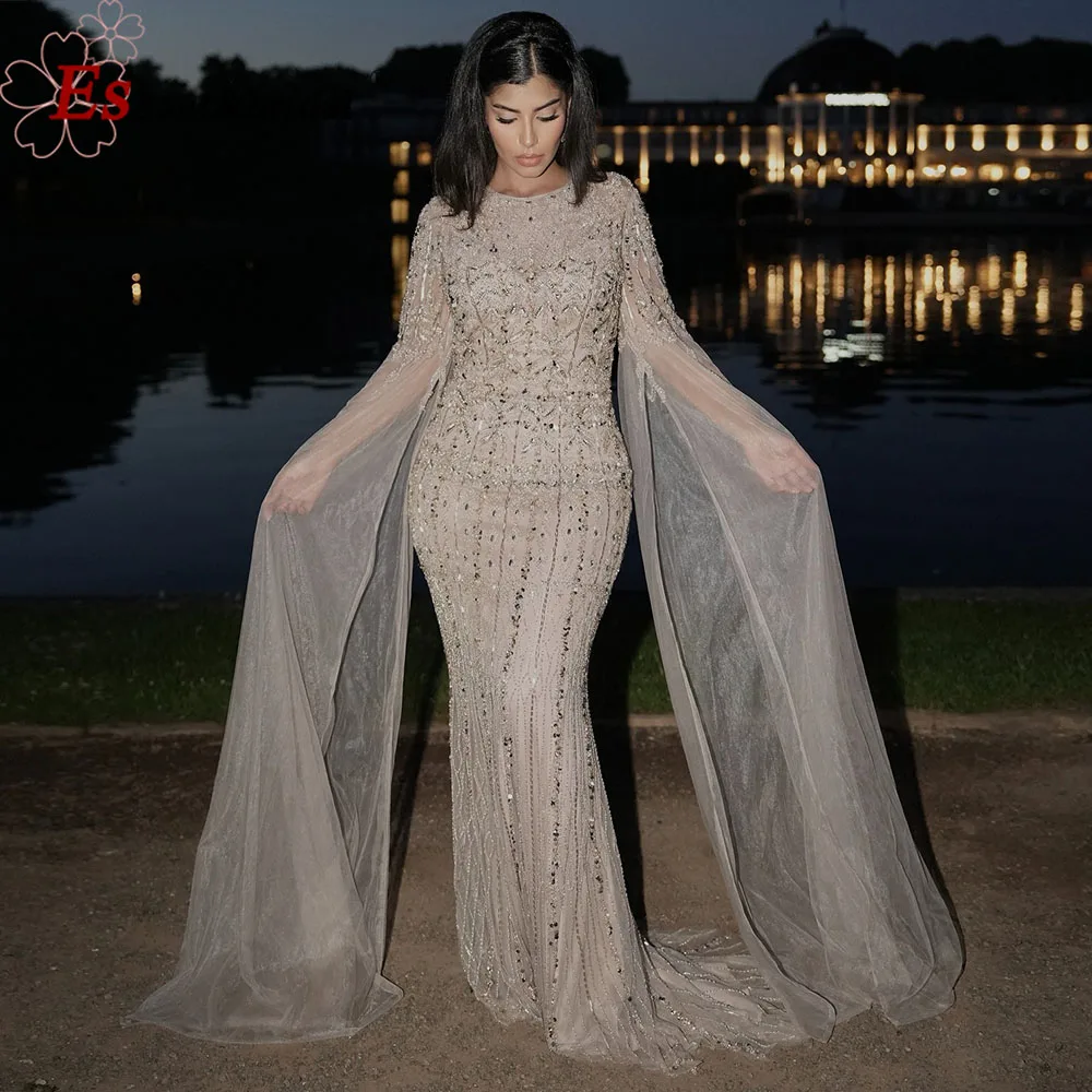 Elegant Mermaid Evening Dress for Women with Cape Sleeves 2026 Dubai Arabia Beads Long Formal Prom Wedding Party Gown Customized