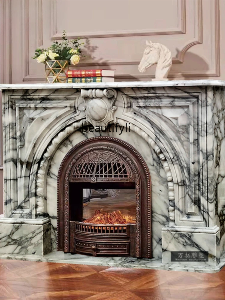 Marble Fireplace French Curio Cabinet American Hallway Stone Carving Natural Arabescato Stone Fireplace Mantel