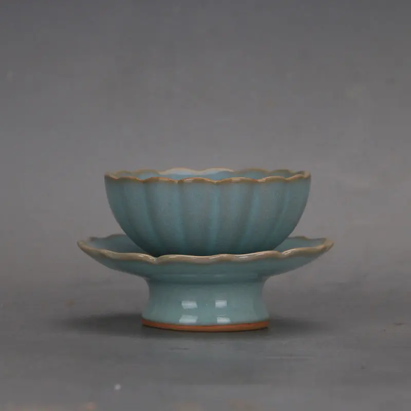 Ru Ware Sky Blue Glaze Crackle Lotus Cup Vintage Handmade Porcelain Tea Bowl Home Decor