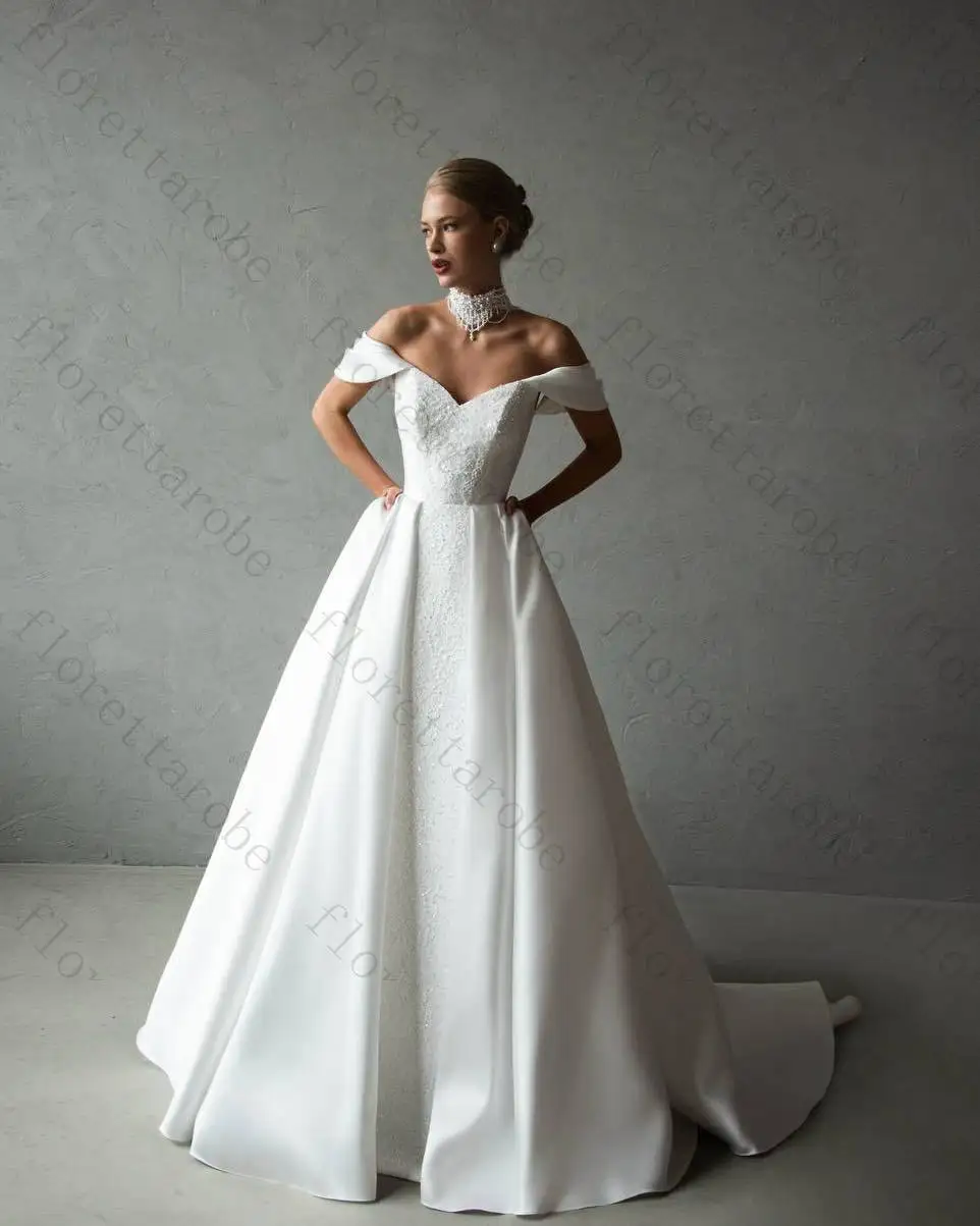 Customized Simple Off-the-shoulder Sleeveless A-line Backless Court Train Wedding Dresses Lace Applique Lace Up Fold Bride Gowns