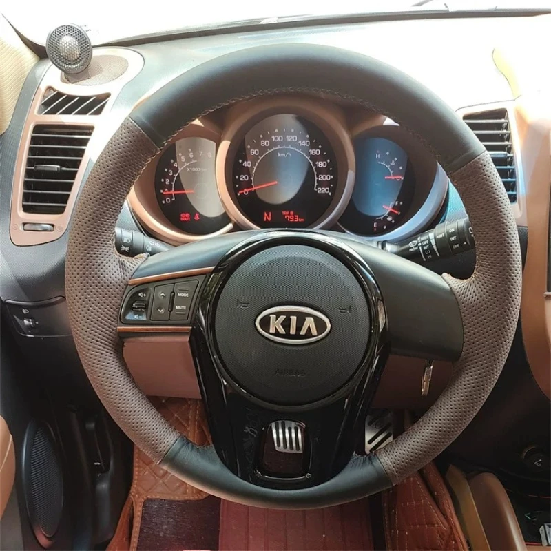 

For Kia Forte 2009-2014 Soul Rio Original Hand-stitched Non-slip Black brown leather Car Steering Wheel Cover
