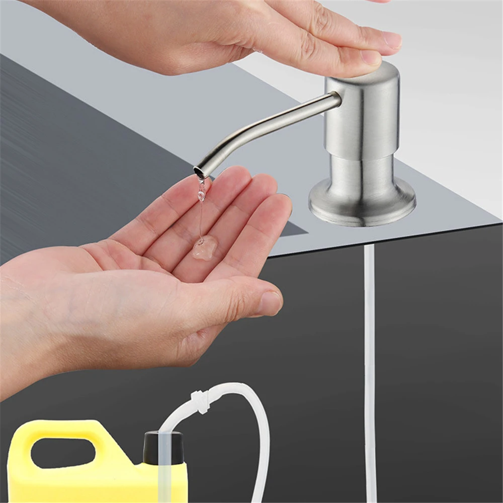 Stainless Steel Kitchen Sink Soap Dispenser Built in Pump Manual Press Detergent Liquid Dispenser with 100cm Tube/350ml Bottle view 2