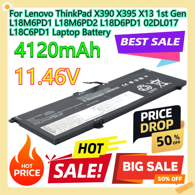 

For Lenovo ThinkPad X390 X395 X13 1st Gen L18M6PD1 L18M6PD2 L18D6PD1 02DL017 L18C6PD1 Laptop Battery