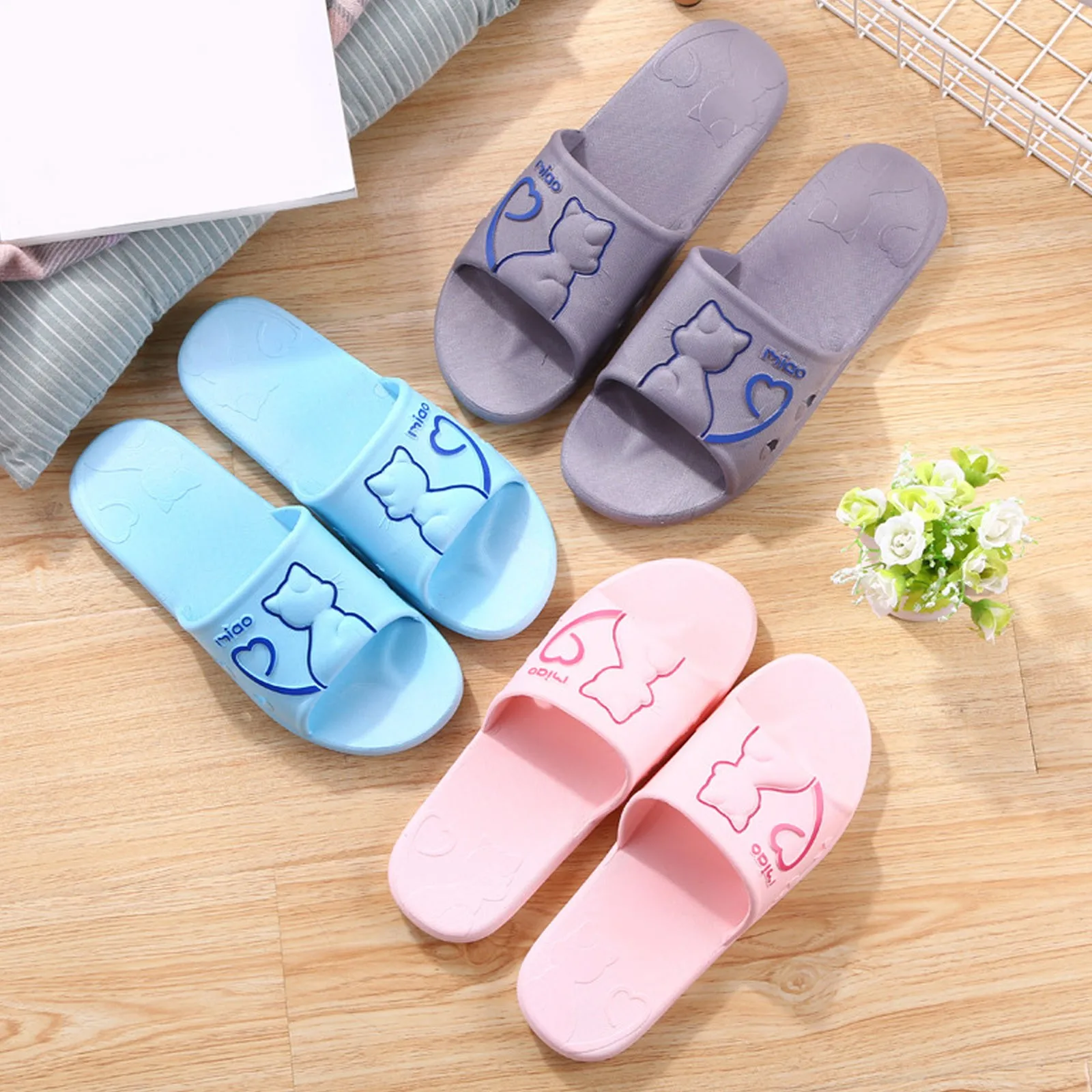 Cute Cat 3D Print Home Slippers Floor Shoes Indoor Non-Slip Bathing Men And Women Couples Sandals PVC Soft Bathroom Slipper 2024