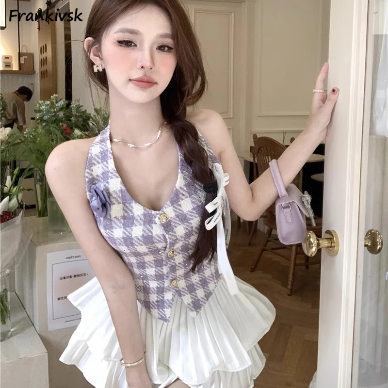 Vintage Tanks Women Button Noble Lazy Delicate Summer Plaid Leisure Sweet Girls French High Street Halter Neck Y2k Office Lady