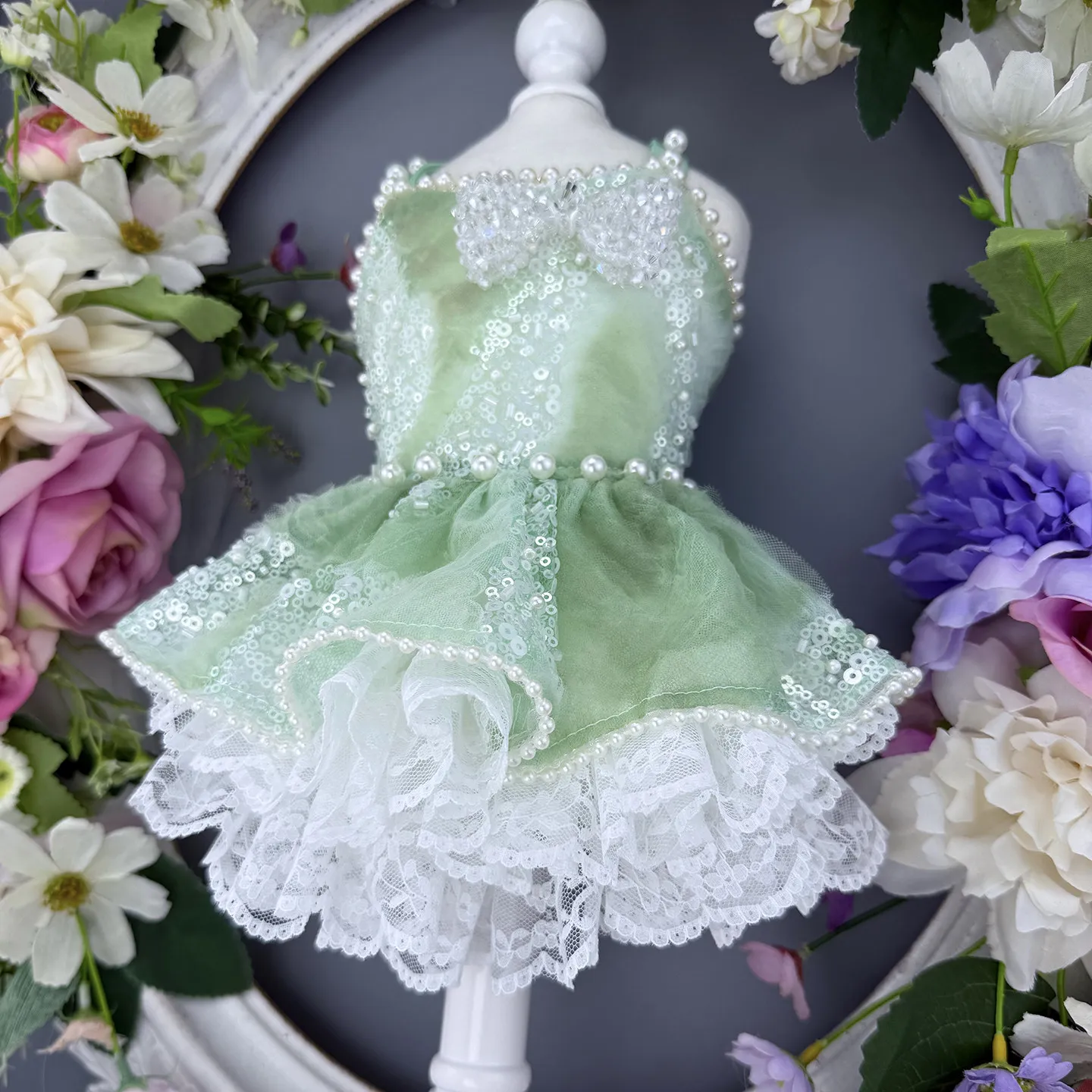 Handmade Green Princess Skirt for Dogs And Cats Small to Medium Size Chihuahua Spring Autumn Seasonal Fashion Pet Dress