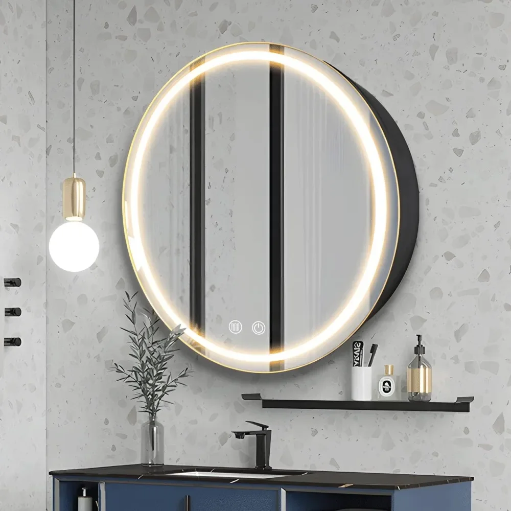 26inch Round Medicine Cabinet with Lights,Led Medicine Cabinet with Defogger,Illuminated Mirror Cabinet for Bathroom,Dimmable