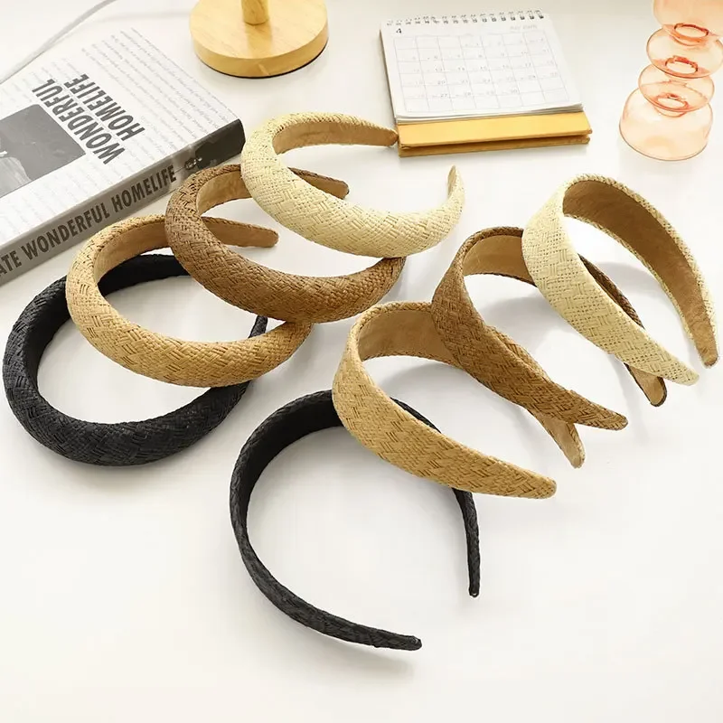 

Bohemian Raffia Headband Wide Braided Design with Cushioned Sponge Core Straw Hair Hoop for Women Vacation Style