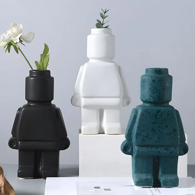 Resin Robot Vase Ornament European Creativity Block Man Desktop Flower Vase for TV Cabinet Entryway Modern Home Decoration Craft