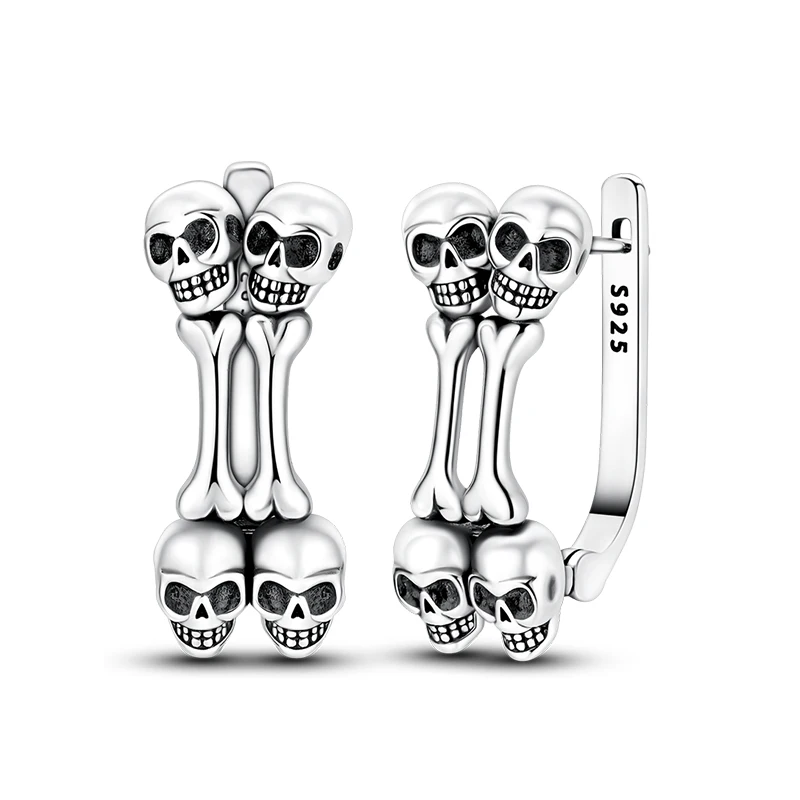New 925 Sterling Silver Double Skull Bone Hoop Earrings For Women Fine Halloween Jewelry Gifts
