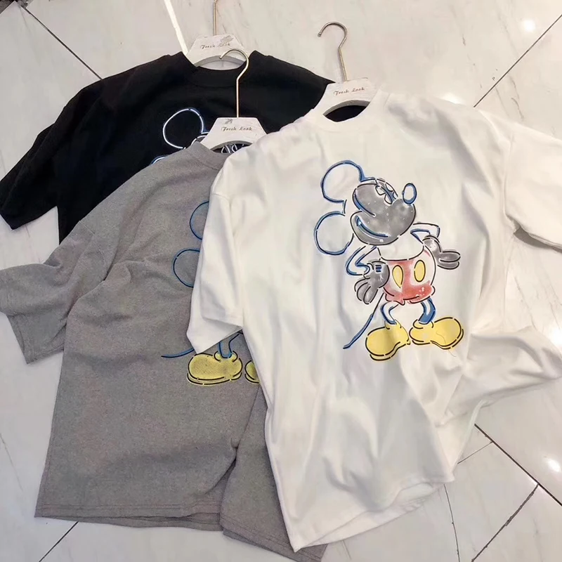 Camiseta de manga corta con estampado de Mickey para niña, Camiseta holgada de media manga, estilo Harajuku, talla grande