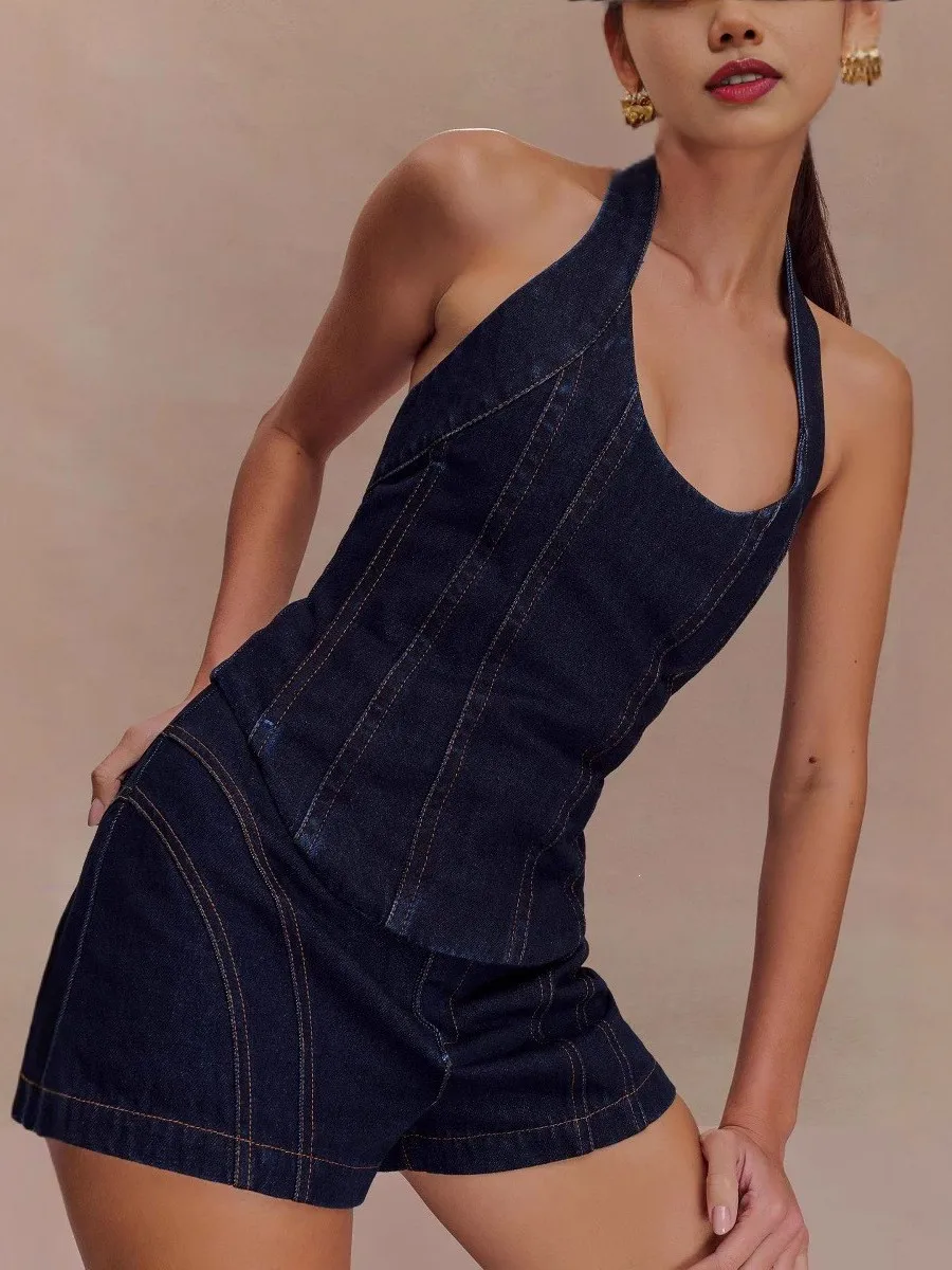 American Style Short Jeans Set with Hanging Neck Top And Shorts Women's Casual Cotton Pants mid Low Waist Button Closure