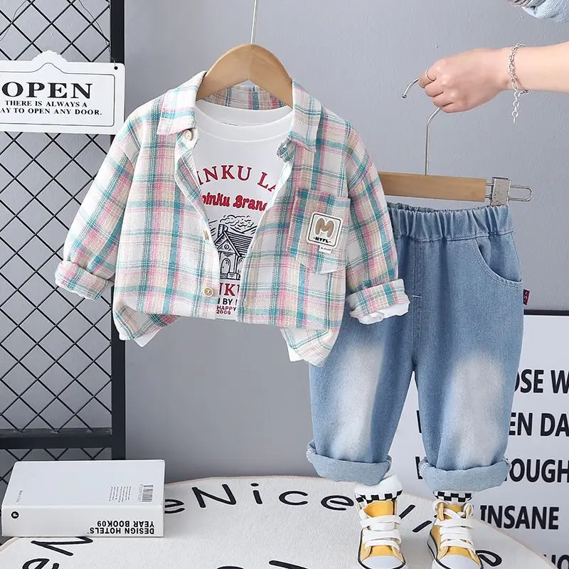 طقم أطفال للربيع والخريف قميص أطفال مربع جديد + تي شيرت + جينز طقم مكون من 3 قطع