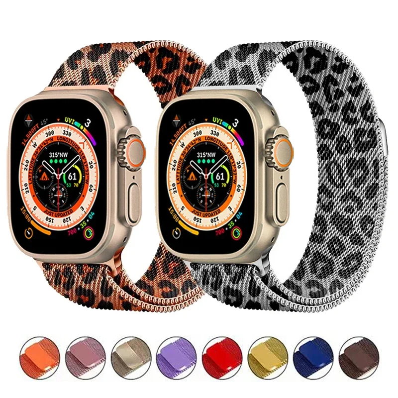 Milanese Loop Band For Apple watch Ultra Strap 49mm 46mm 44MM 45mm 41mm 40mm 42MM Leopard bracelet iwatch series 10 9 8 7 6 5