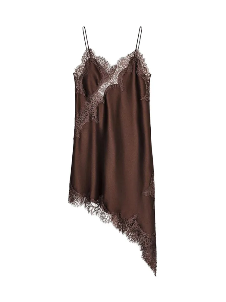 Sexy Spitze Satin Asymmetrisches Kleid Frauen V-ausschnitt Ärmellos Rückenfrei Gespleißt Slim Fit Party Abendkleider 2025, Sommer Dame Roben