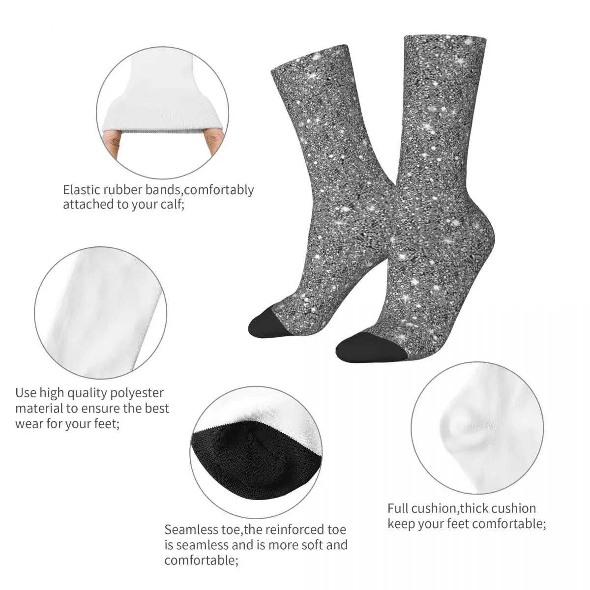 Black Glitter! Socks Harajuku Sweat Absorbing Stockings All Season Long Socks Accessories for Unisex Christmas Gifts