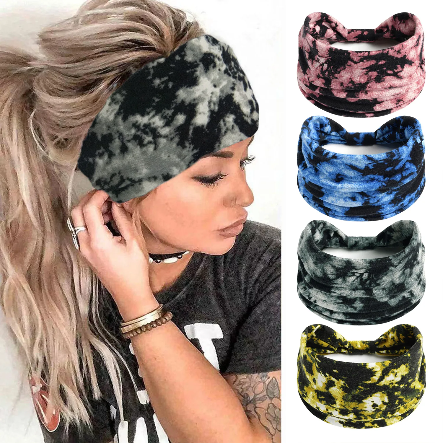 

New European and American Tie Dyed Sports Headband 14cm Wide Women's Headband African Retro Elastic Knot Headband