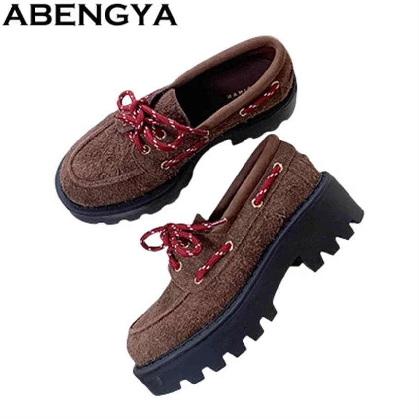 

ABENGYA/Новые женские лоферы на толстой подошве в стиле ретро, замшевые кожаные туфли на плоской подошве со шнуровкой, женские повседневные туфли с круглым носком в британском стиле панк