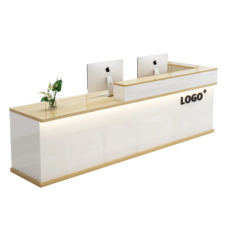 

Curved cashier reception table, metal frame counter, commercial space front desk