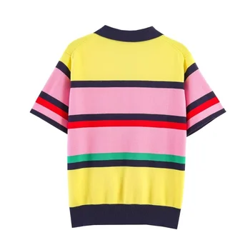 2026 New Dopamine Color Striped Polo Knit T-shirt Women Short Sleeve Lapel Knit Top Casual Daily Wear Outfits Summer Fashion 2