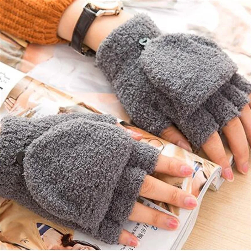 Student Dual-use Boys Girls Warm Winter Coral Velvet Gloves Convertible Flip Top Half Finger Gloves Knitting Mittens