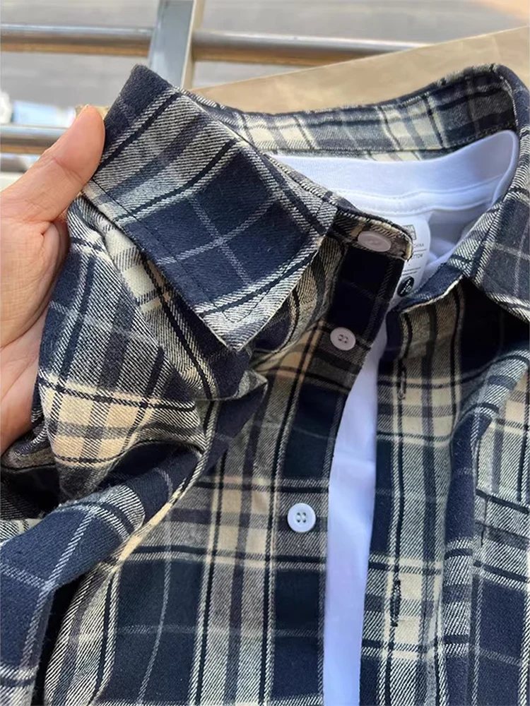 Autumn Aosphere Plaid Long Sve irt Men's Loose Casual Outerwear American Lazy Sle Button up Cotton Polyester Blend