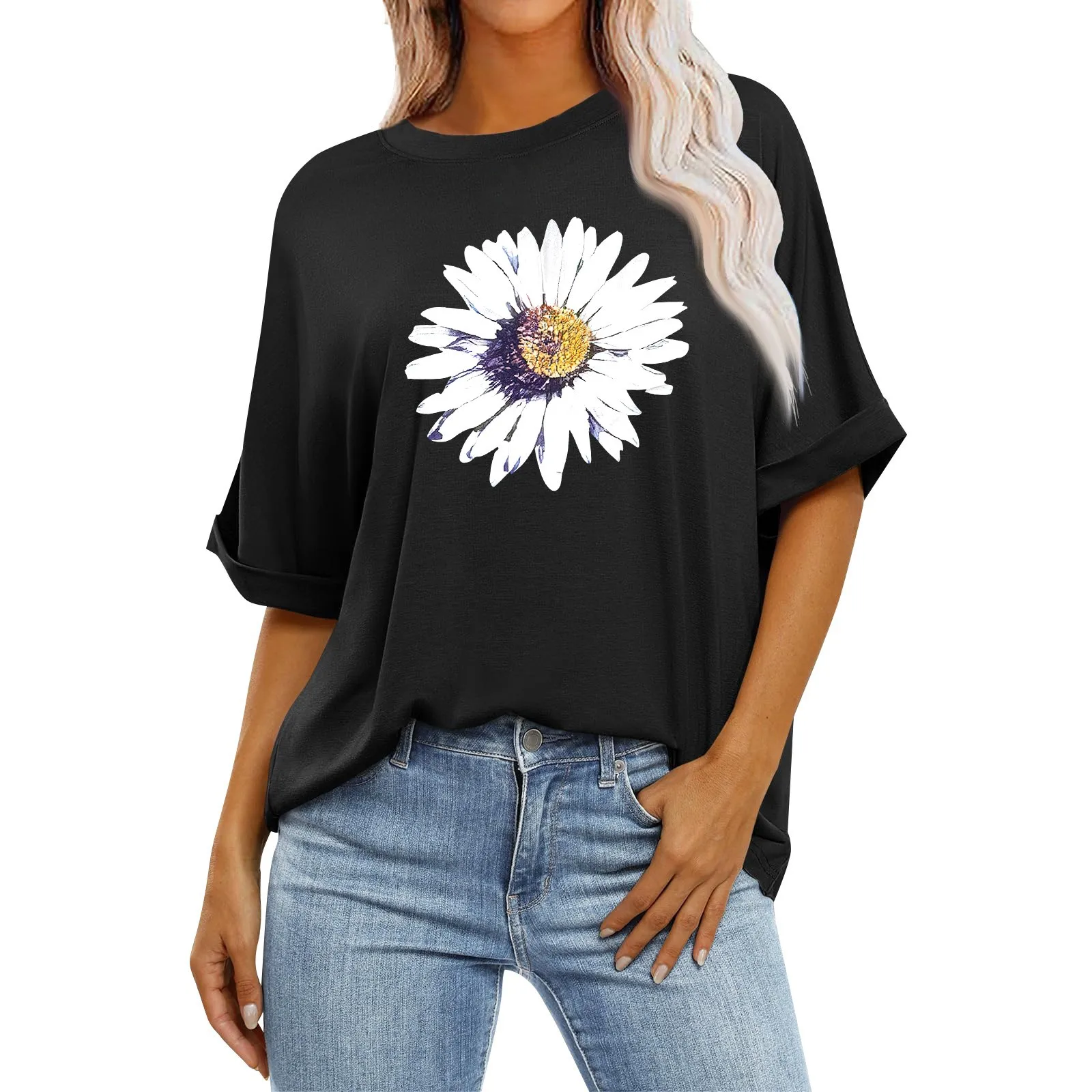 

Women's Loose Oversized Flower Printed Rround Neck Shoulder Length Short Sleeved T-shirt Casual And Versatile Basic Pullover Top