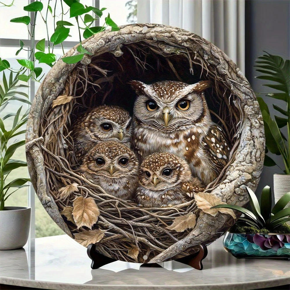 2DFlat 8in Vintage Animal Circular Welcome Sign Cat Owl Turtle Home Tree Decora Item Animal Enthusiast Background Wall Accessory