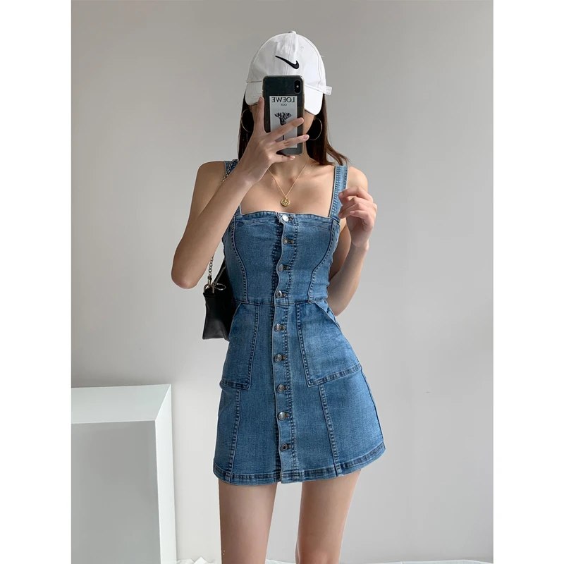 Abito in Denim da donna estate nuove cinghie Sexy gonna corta Skinny blu moda coreana classico Streetwear abito in jeans con colletto a una parola