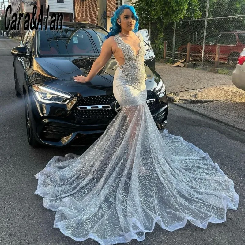 See Through Prom Dresses 2024 Sheer Neck Crystal Sequin Mermaid Party Gowns Long Birthday Outfits vestidos de gala Customized