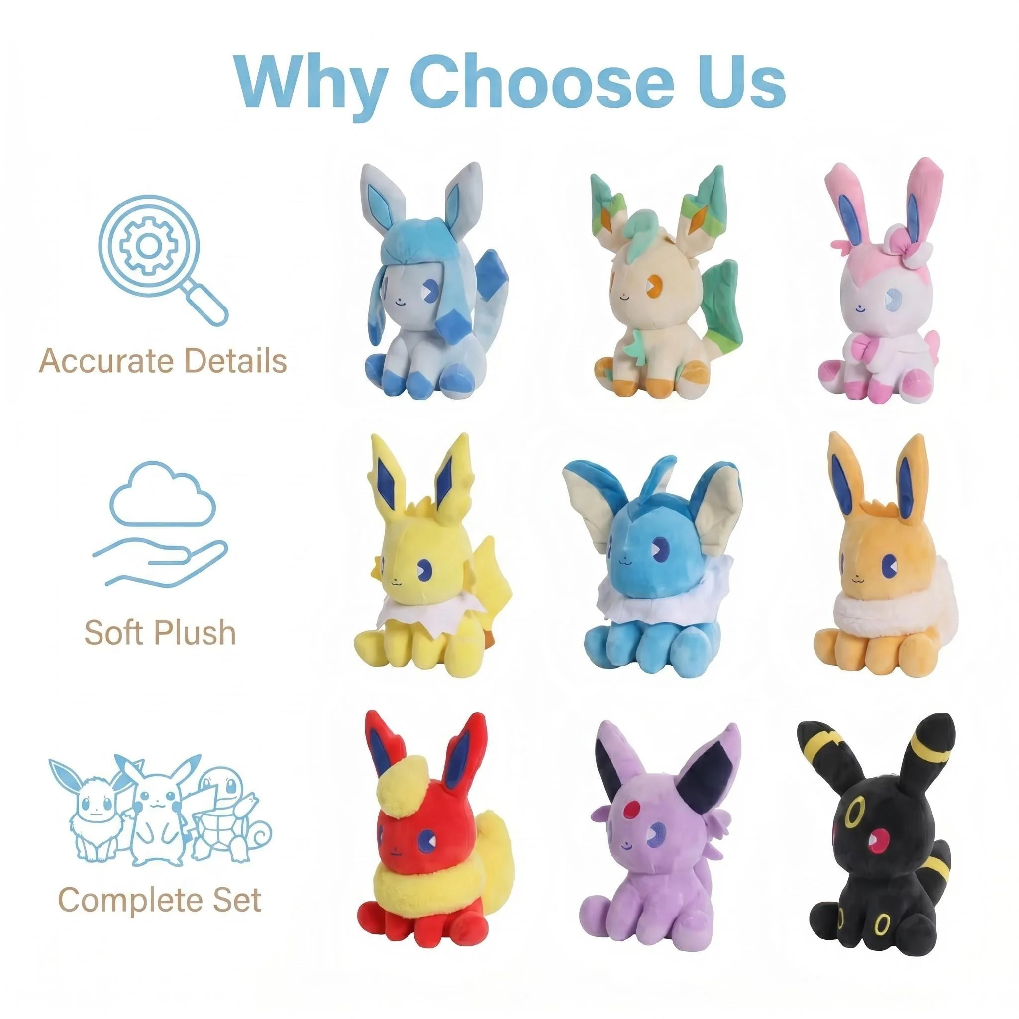 Großhandelspreis Eevee Familie Pokemon Plüschtier-Set - Sylveon Umbreon Vaporeon Flareon Pikachu Stoffpuppen Exquisites Kindergeschenk