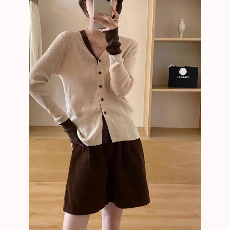 Autumn Winter V-neck Slim Patchwork Cardigan Jumpers Female Long Sleeve Casual Simple Fashion Buttons Knitting Top Women Coat