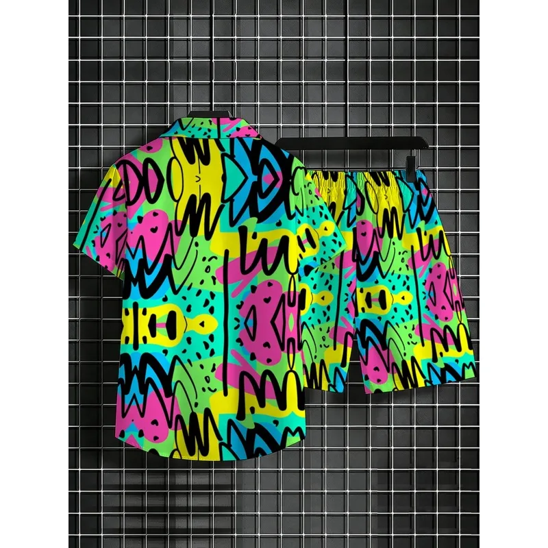 Men's Colorful Printed Short Sleeve Shirt Shorts Set Polyester Lightweight Beachwear Outdoor Casual Summer Vacation Party Wear view 4